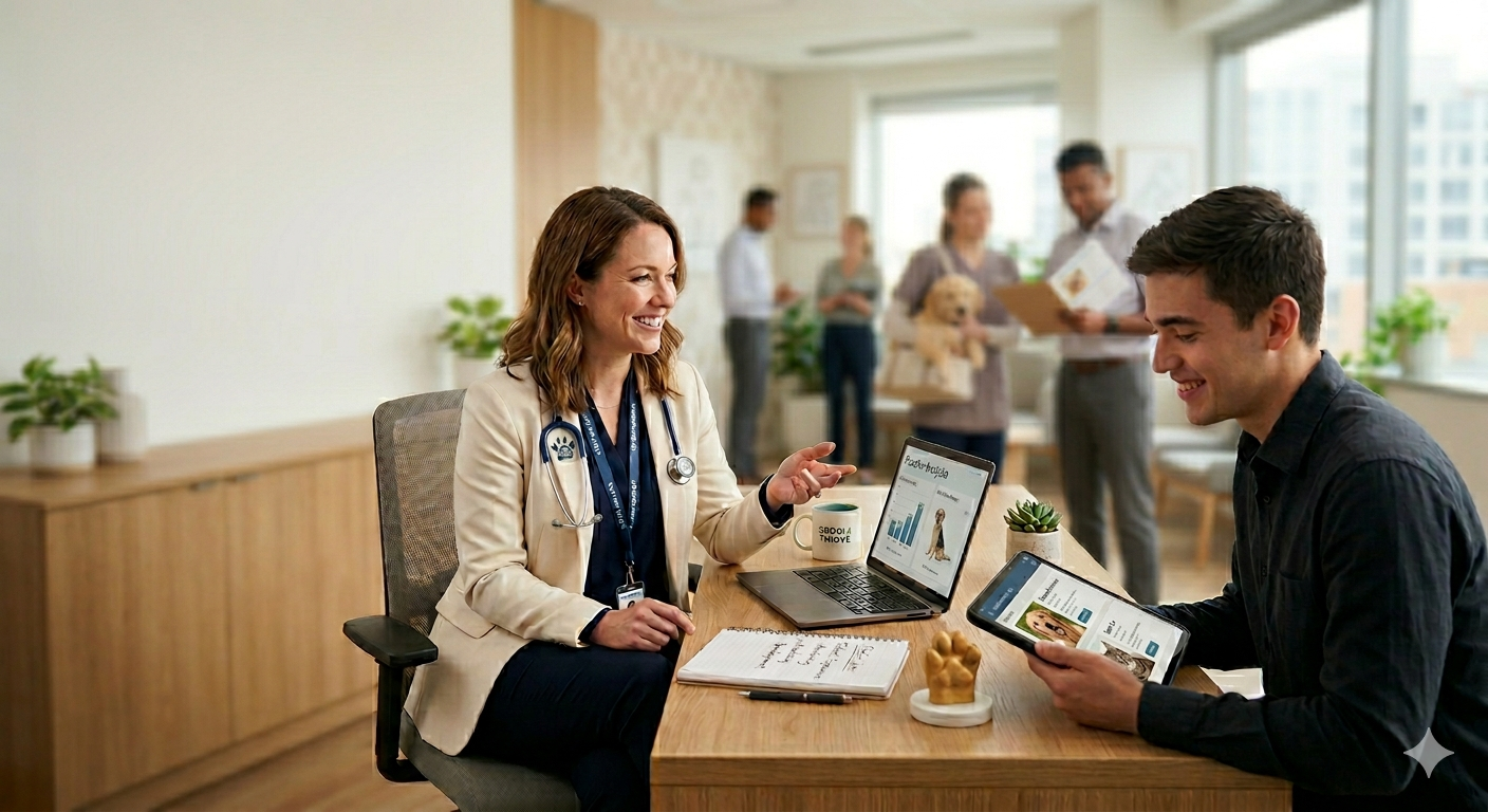 Veterinarian with tablet and dog
